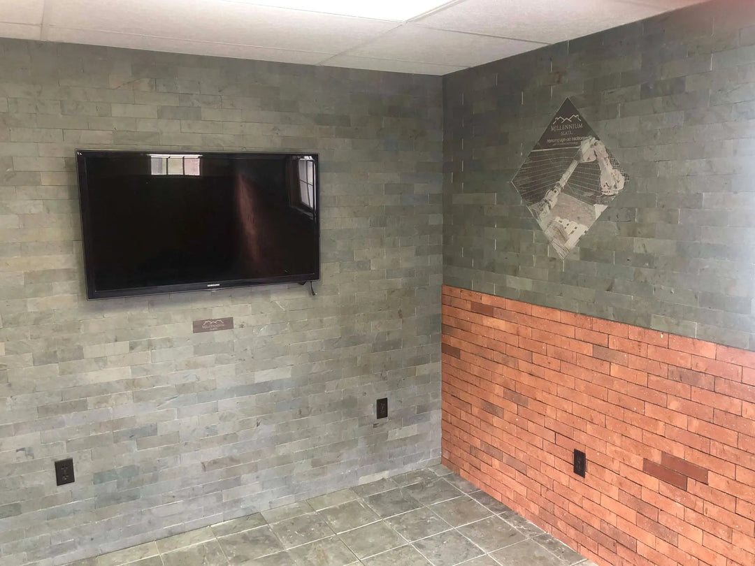 Green slate and brick walls. Green slate floor